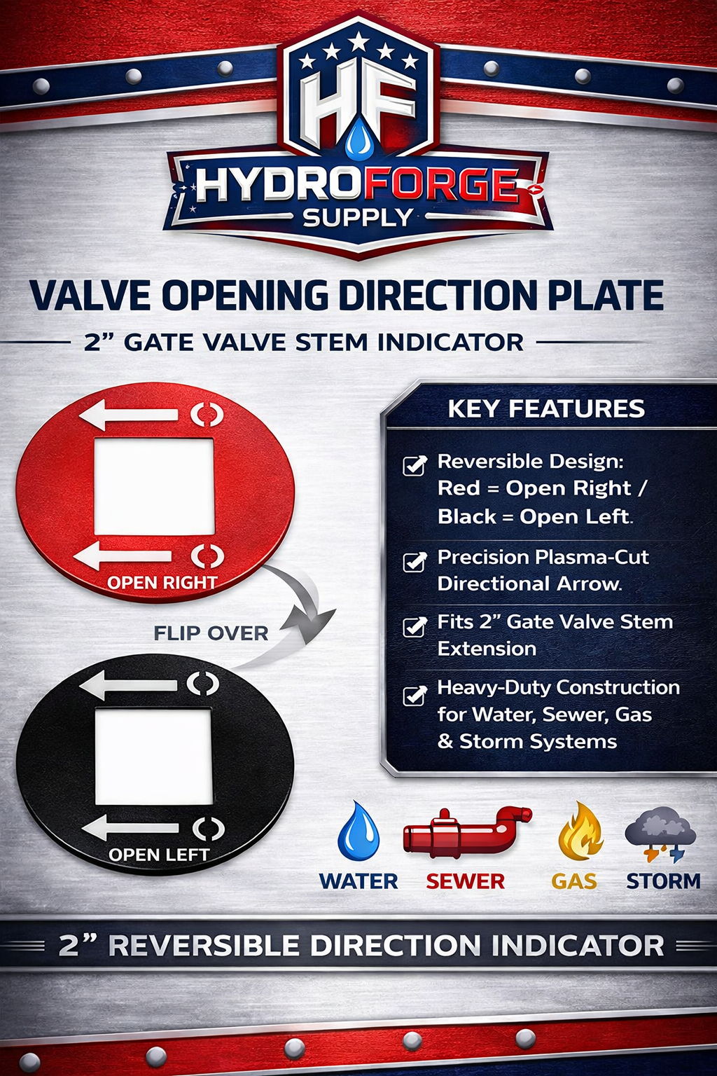 Valve Opening Direction Plate – 2" Gate Valve Stem Indicator (Red/Black Reversible)