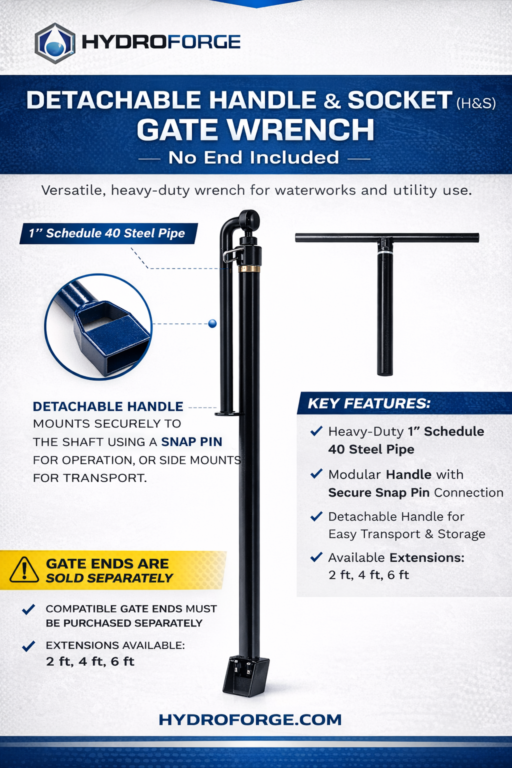 Detachable Handle and Socket (H&S) Gate Wrench w/o End