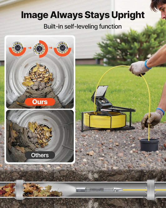 Sewer Camera, 164 ft/50m, Self-Leveling Drain Inspection Camera with 4.3" 1080P HD Screen, IP68 Waterproof Snake Plumbing Camera with Lights - 12 LEDs & 16GB Card for Sewer Line Duct Pipe | VEVOR US
